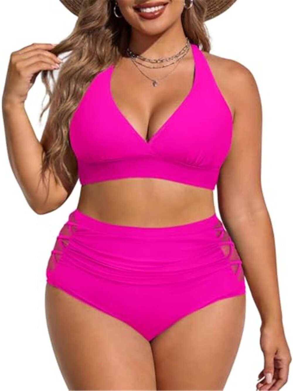Plus Size Womens High Waisted Bikini Set 2 Piece Tummy Control Swimsuit Rose Red